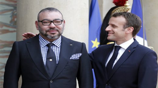 PARIS, FRANCE - APRIL 10: French President Emmanuel Macron welcomes Morocco's King Mohammed VI prior to their meeting at the Elysee Presidential Palace on April 10, 2018 in Paris, France. King Mohammed VI is in Paris for an official visit. (Photo by Chesnot/Getty Images)