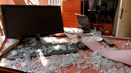 Damage and glass from broken windows is seen inside Hezbollah media center after an Israeli drone fell in the Hezbollah-dominated southern suburbs and a second one exploded near the ground in Dahiyeh suburbs of Beirut, Lebanon August 25, 2019. REUTERS/Mohamed Azakir