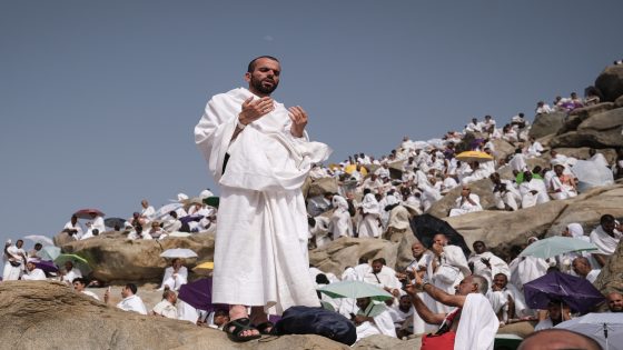 MECCA, SAUDI ARABIA - JUNE 27: Prospective pilgrims pray at the Jabal ar-Rahmah in Arafat as Muslims continue their worship to fulfill the Hajj pilgrimage in Mecca, Saudi Arabia on June 27, 2023. Jabal ar-Rahmah, is the place where Prophet Adam and Eve (Hawa) reunited on Earth after falling from Heaven. (Photo by Elif Ozturk Ozgoncu/Anadolu Agency via Getty Images)