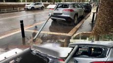 سقوط عمود حديدي يُهشّم الزجاج الخلفي لسيارة مركونة أمام حديقة محمد الخامس